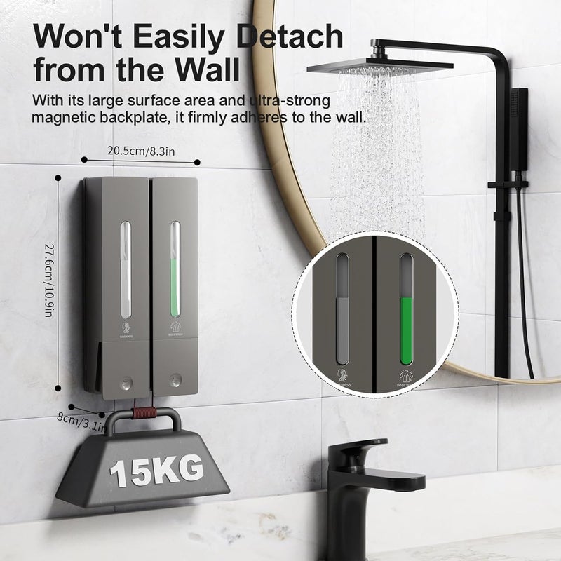 Aeakey Shampoo and Conditioner Dispenser 2-Chamber Wall-Mounted Shower Soap Dispenser, No-Drill Installation, 800ML Capacity, Ideal for Bathrooms and Hotels (Gun Grey) - Image 5